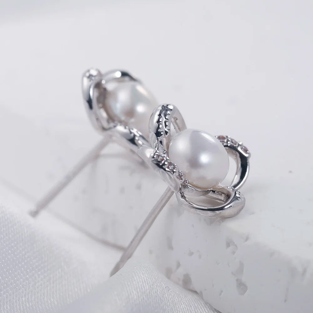 Natural Freshwater Pearl 925 Sterling Silver High Jewelry Set Twisted Geometric Stud Earring Pendant Necklace for Women US Stock