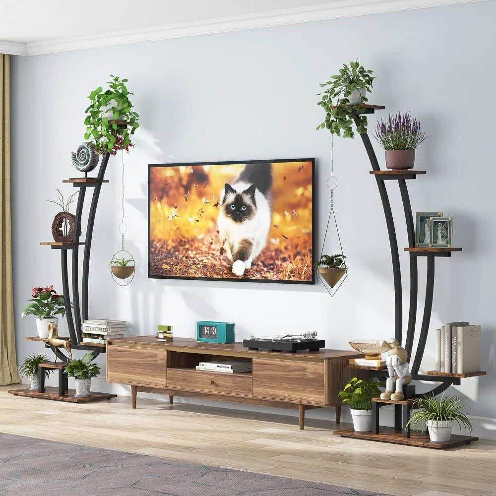 6 Tier Tall Indoor Plant Stand Pack of 2 Metal Curved Display Shelf with 2 Hanging Hooks Multi Purpose Bonsai Flower Pot Holder