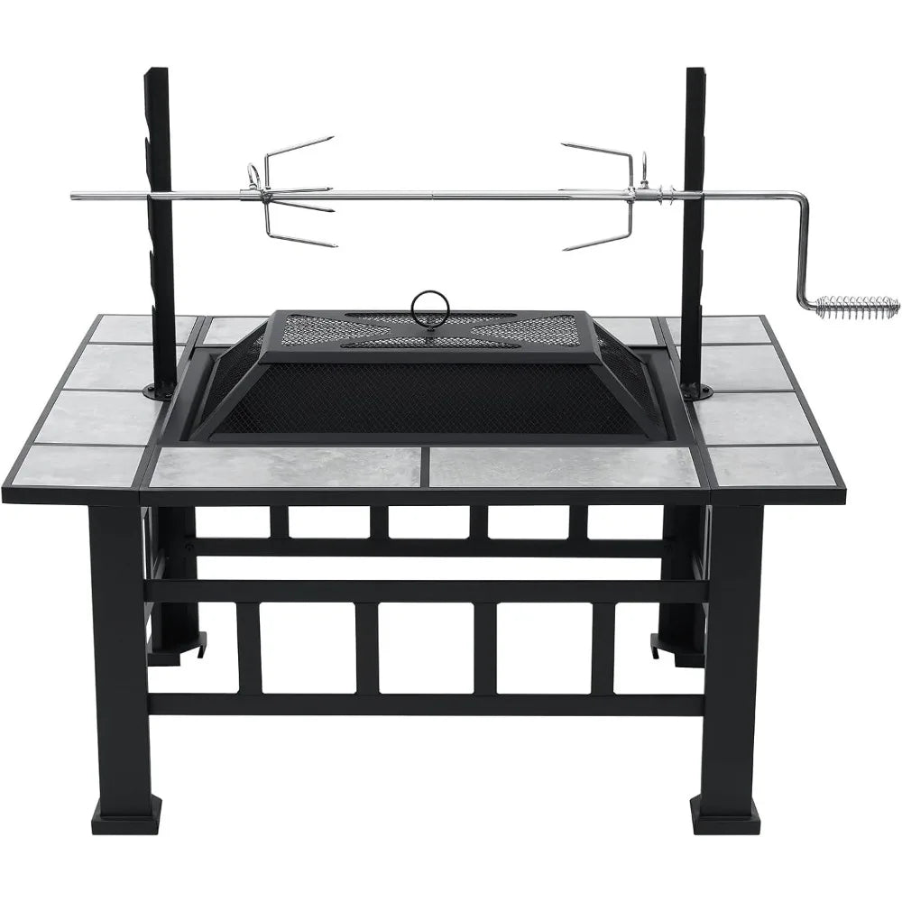 Fire Pit Table for Outside 37 Inch Square Firepits with Grill Large Wood Burning Heavy Duty Steel BBQ Bonfire Pit Outdoor Cookin