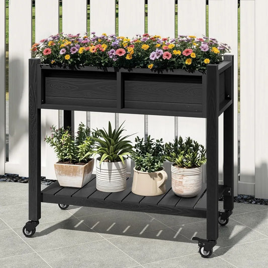 DWVO Raised Garden Bed, Outdoor Planter Box, Small Flower Box with Double-Layer, 4 Swivel Casters and Built-in Drain Holes, Idea