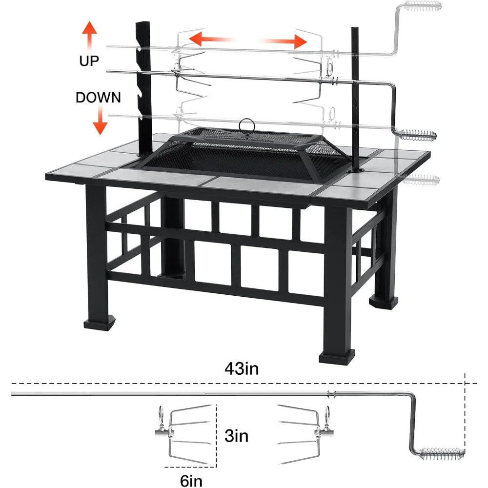 Fire Pit Table for Outside 37 Inch Square Firepits with Grill Large Wood Burning Heavy Duty Steel BBQ Bonfire Pit Outdoor Cookin