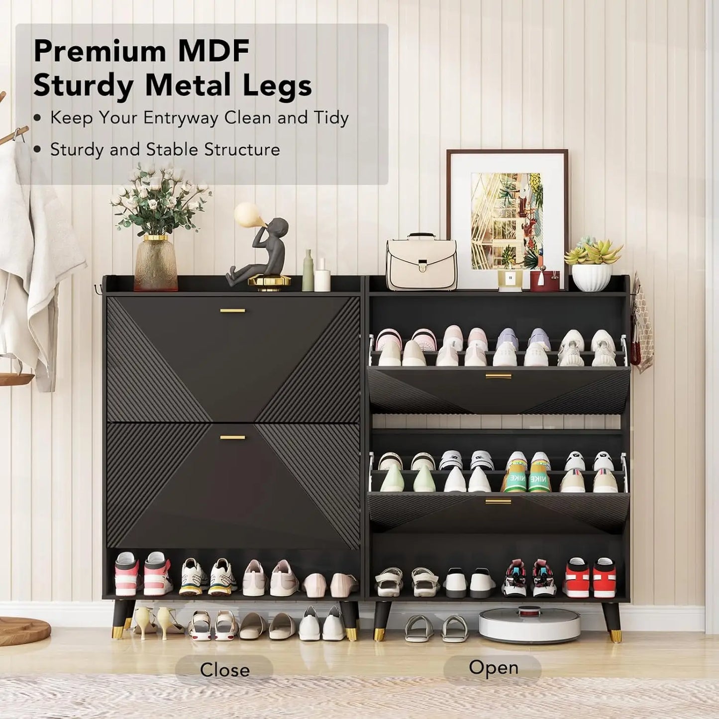 Shoe Cabinet for 24 Pairs, Fits Size 13, Slim Freestanding Shoe Rack Organizer with 2 Flip Drawers & Coat Hooks