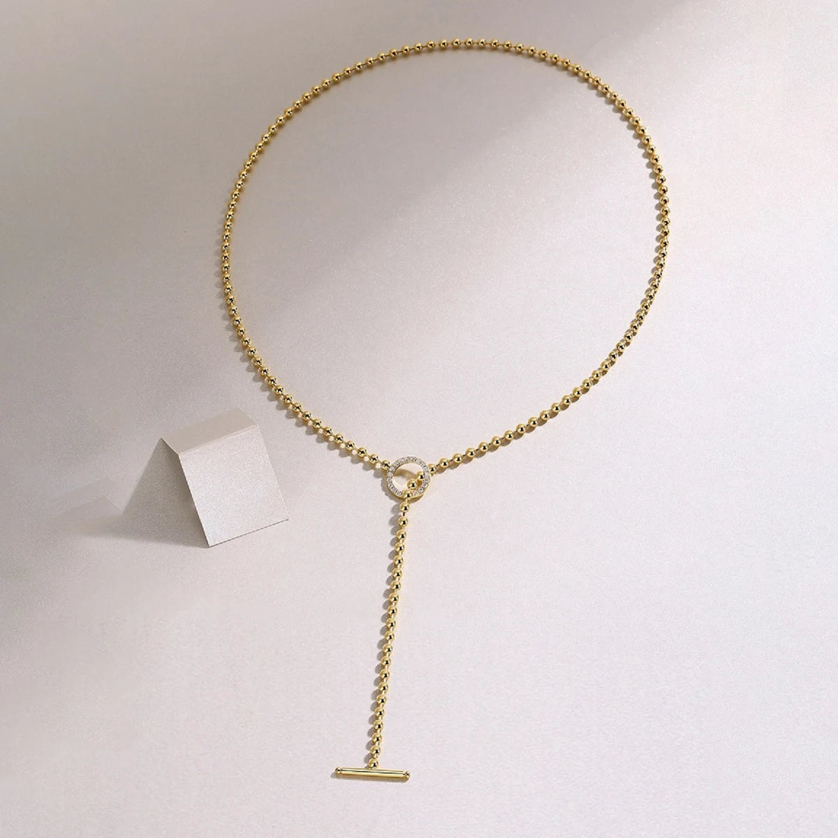 Jiuzuan Y Shape Beaded Chain Pendant Necklace 18K Gold