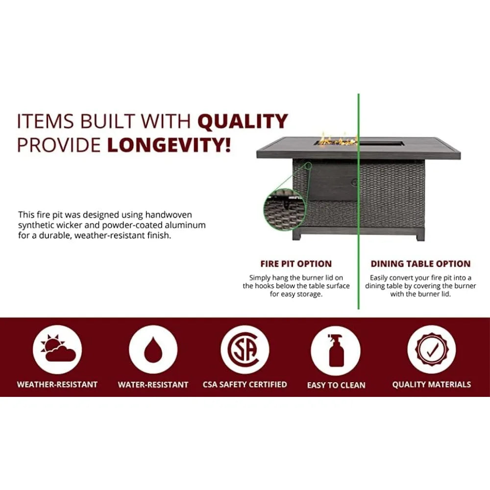 Outdoor Propane Fire Pit Table 50000 BTU Aluminum Rattan