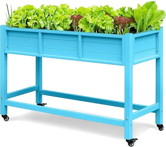 DWVO Raised Garden Bed with Trellis Movable, Weather Resistant Solid Wood Planter Box with Wheels for Climbing Plants, Elevated