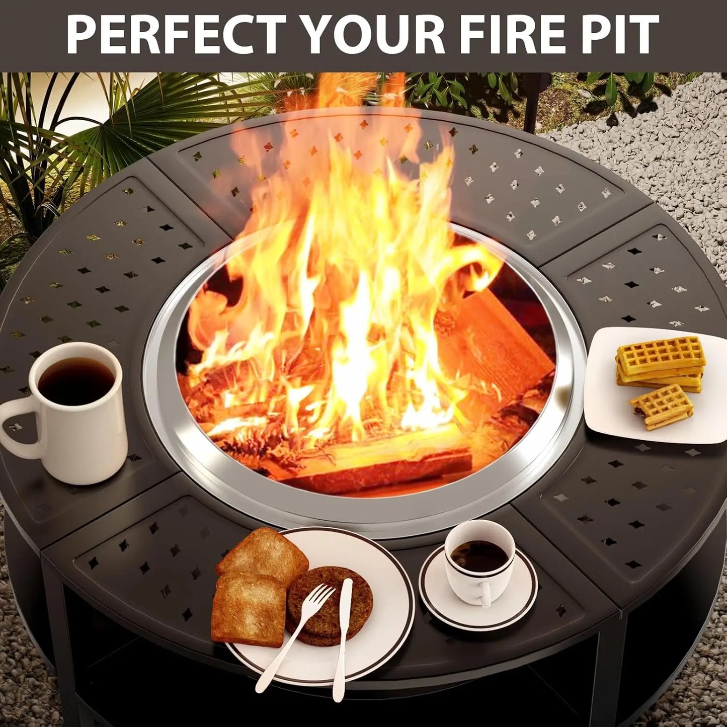 48" Fire Pit Surround Tabletop , Powder-Coated Steel Surround Table with Firewood Storage Shelf for Safety & Extra Space