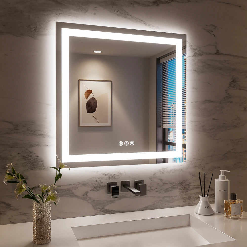 SH.KL Smart LED Bathroom Mirror, Anti-Fog and Dimmable, 3-Color Lighting with Memory, 5mm Shatterproof Glass, Wall-Mounted