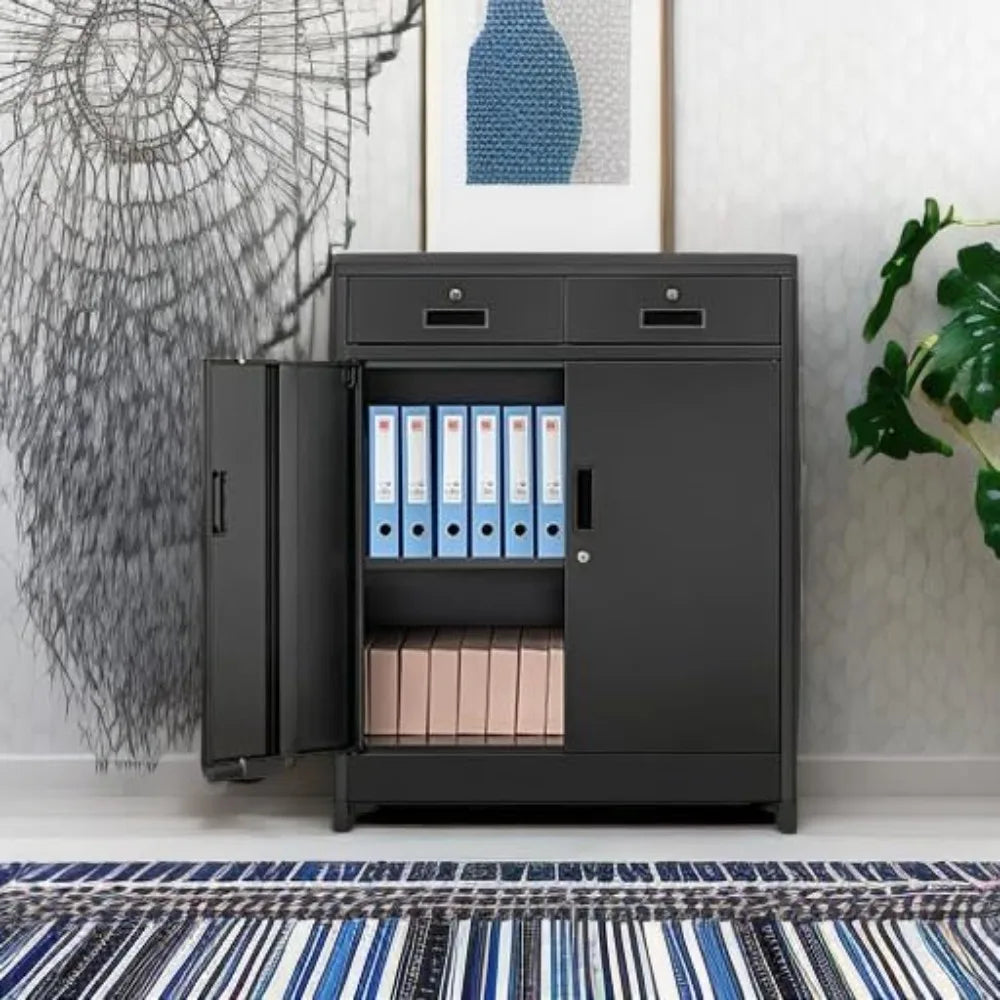 Color Locking Storage Cabinet With 2 Drawers And Shelf