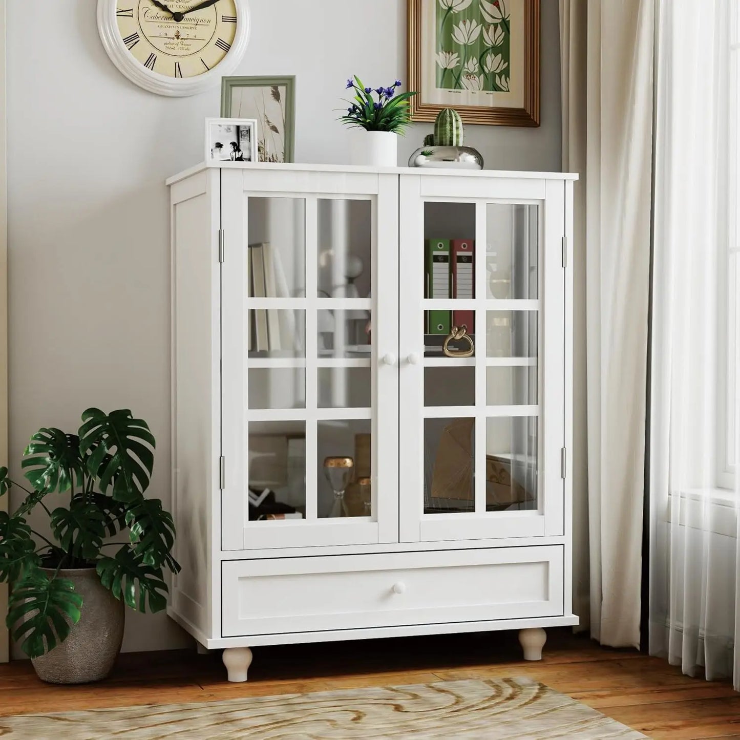 Angduo Buffet Cabinet With Glass Doors Modern Wood Sideboard