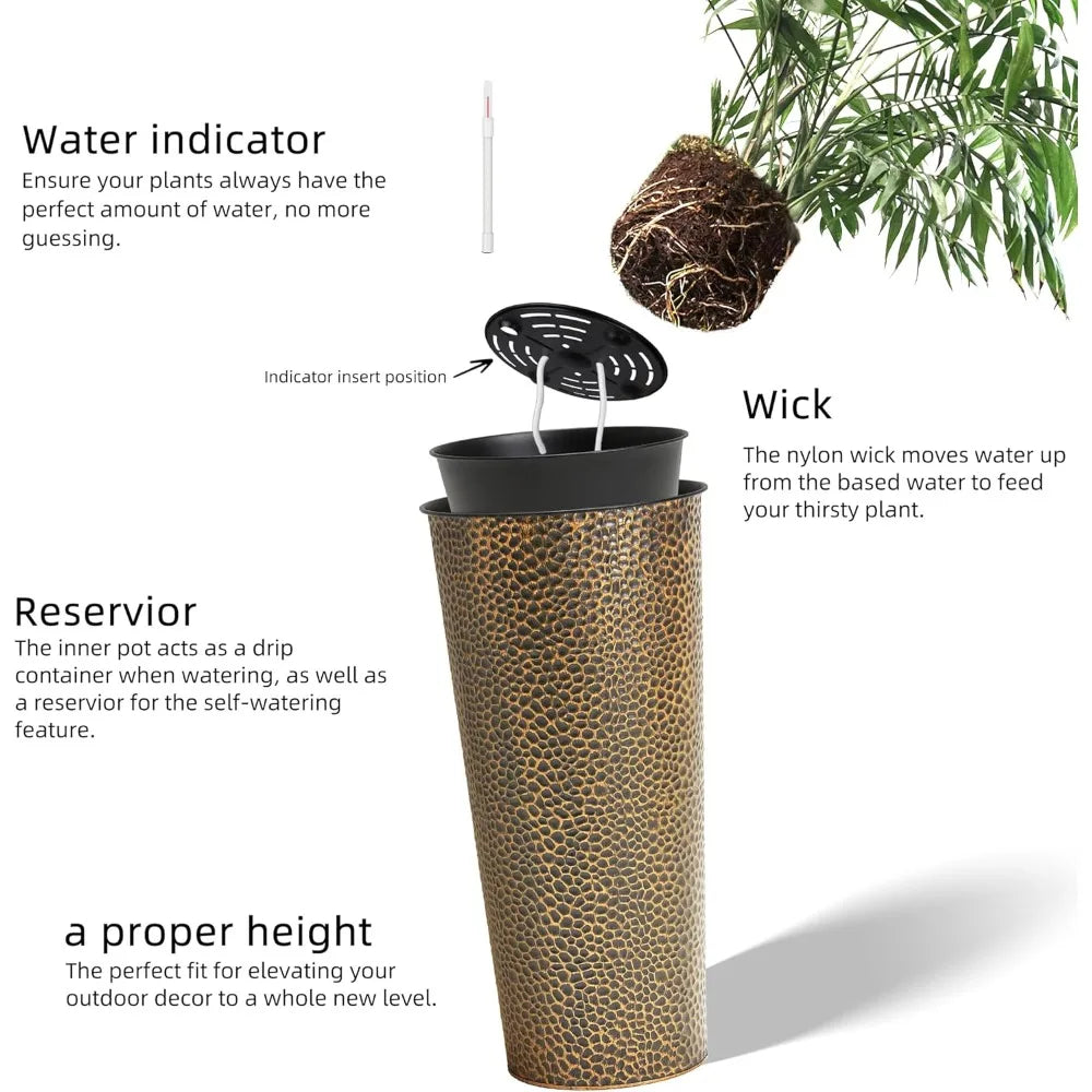 KOL 28 Inch Tall Metal Cone Planters with Inner Pots 2 Pack Bronze Hand Hammered Large Decor Planter for Deck Patio Porch
