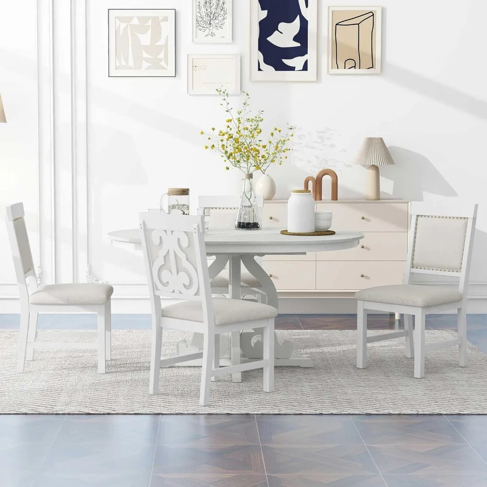 Extendable Dining Table Set for 4-6, Solid Wood Kitchen Table Set with 4 Upholstered Chairs for Kitchen, Dining Room, Small Spa