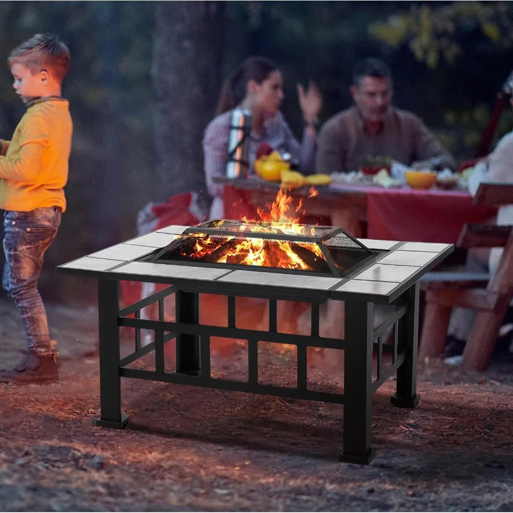 Fire Pit Table for Outside 37 Inch Square Firepits with Grill Large Wood Burning Heavy Duty Steel BBQ Bonfire Pit Outdoor Cookin