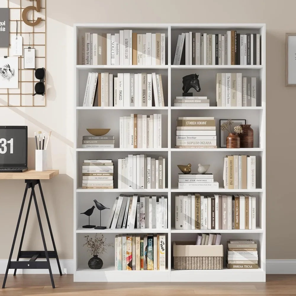 Six Tier Freestanding Wide Double Bookshelf Storage Shelves