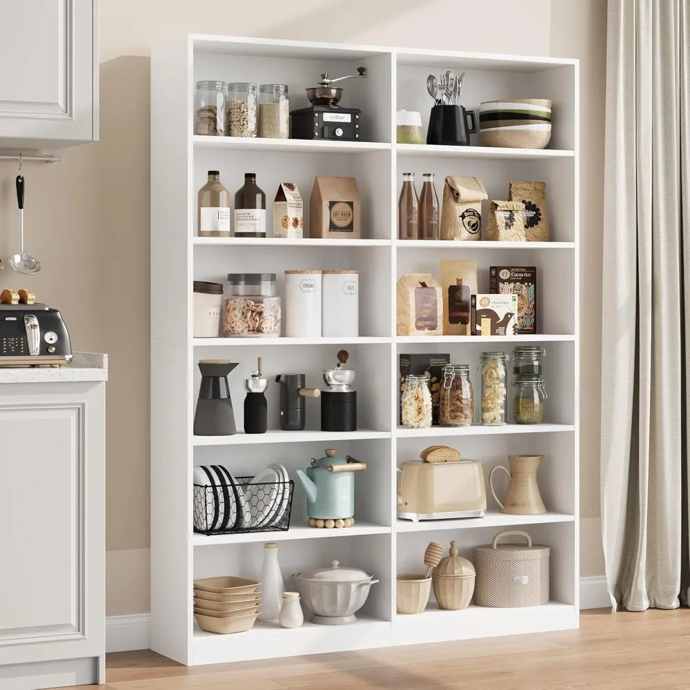 Six Tier Freestanding Wide Double Bookshelf Storage Shelves