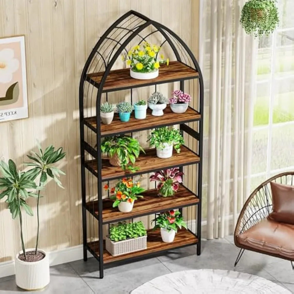 5-Tier Indoor Plant Stand, 74.8-Inch Tall, Industrial Wood & Metal Plant Shelf for Indoor, Balcony, Garden (Rustic Brown & Blac
