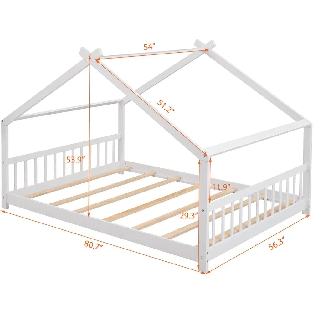 Modern Full House Beds, Montessori Bed Wood Frame, Kids Platform Bed with Headboard & Footboard for Children Boys Girls Teens