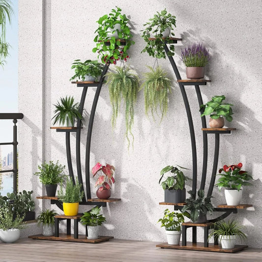 6 Tier Tall Indoor Plant Stand Pack of 2 Metal Curved Display Shelf with 2 Hanging Hooks Multi Purpose Bonsai Flower Pot Holder