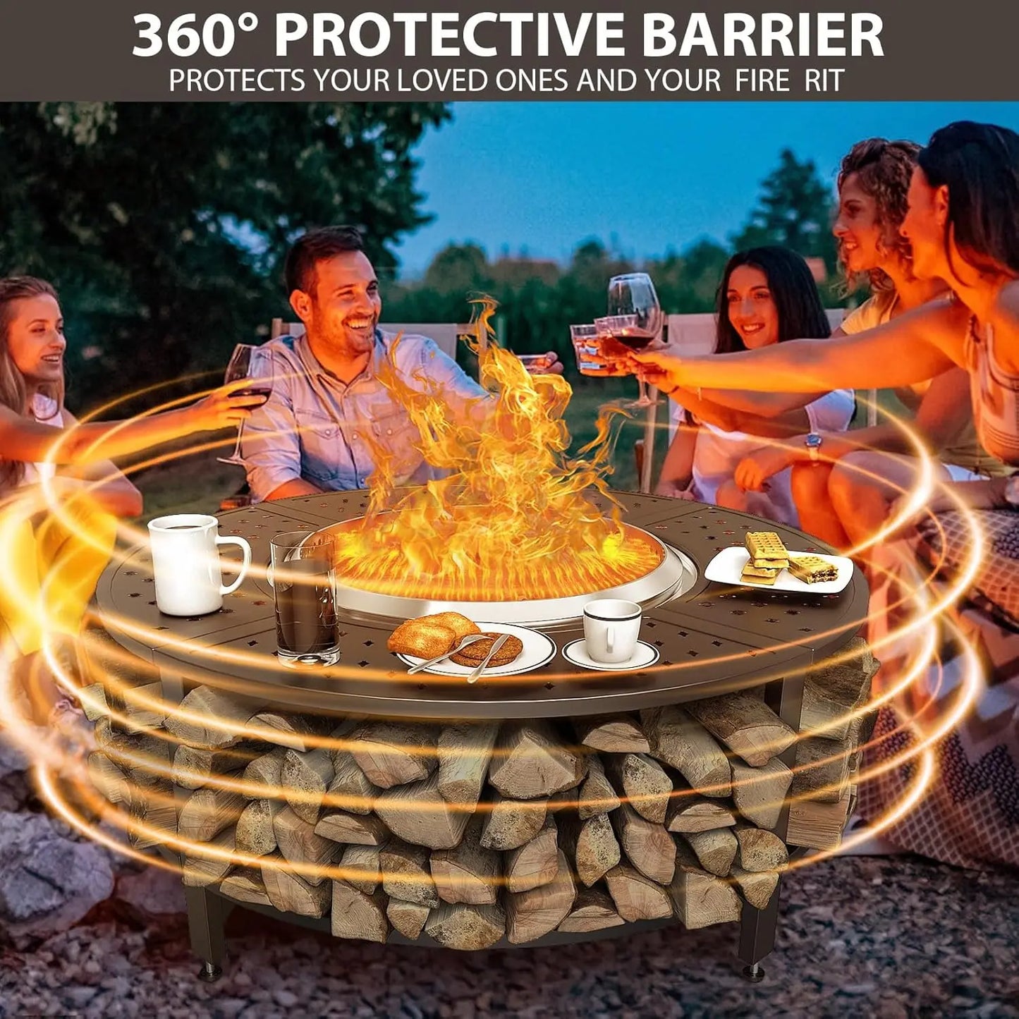 48" Fire Pit Surround Tabletop , Powder-Coated Steel Surround Table with Firewood Storage Shelf for Safety & Extra Space