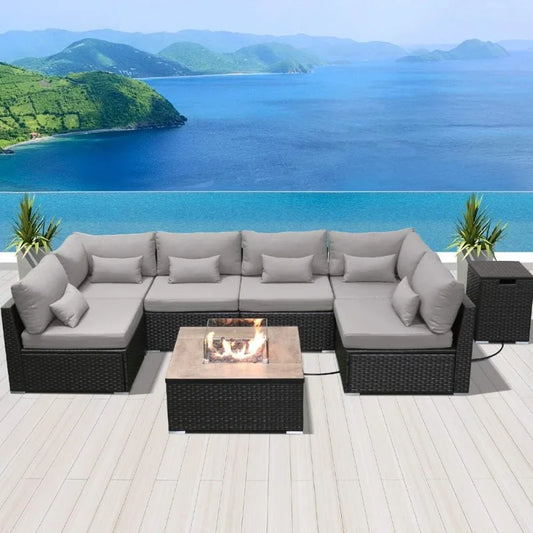 OEING Outdoor Patio Sectional Sofa With Gas Fire Pit Table