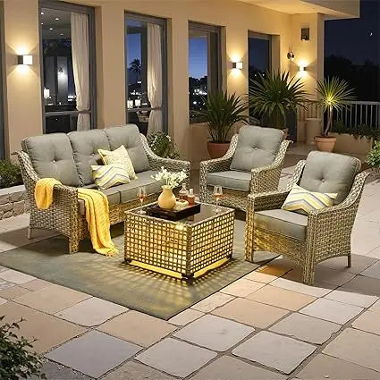 MKDK Outdoor Premium Rattan Patio Set With Solar Lighting