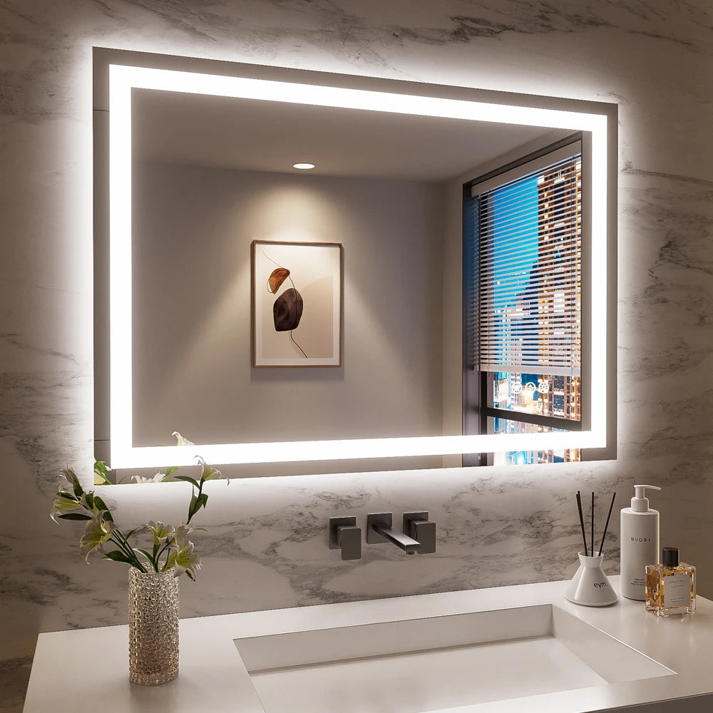SH.KL Smart LED Bathroom Mirror, Anti-Fog and Dimmable, 3-Color Lighting with Memory, 5mm Shatterproof Glass, Wall-Mounted