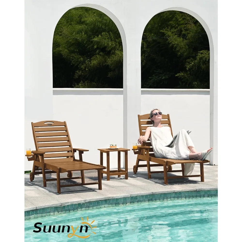 Outdoor Lounge Chairs Set of 2 with Wheels and Cup Holder