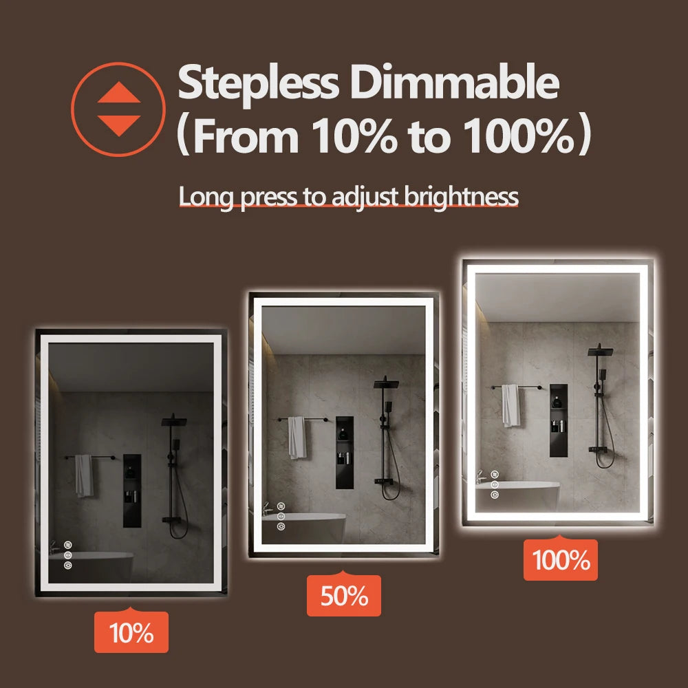 SH.KL Smart LED Bathroom Mirror, Anti-Fog and Dimmable, 3-Color Lighting with Memory, 5mm Shatterproof Glass, Wall-Mounted