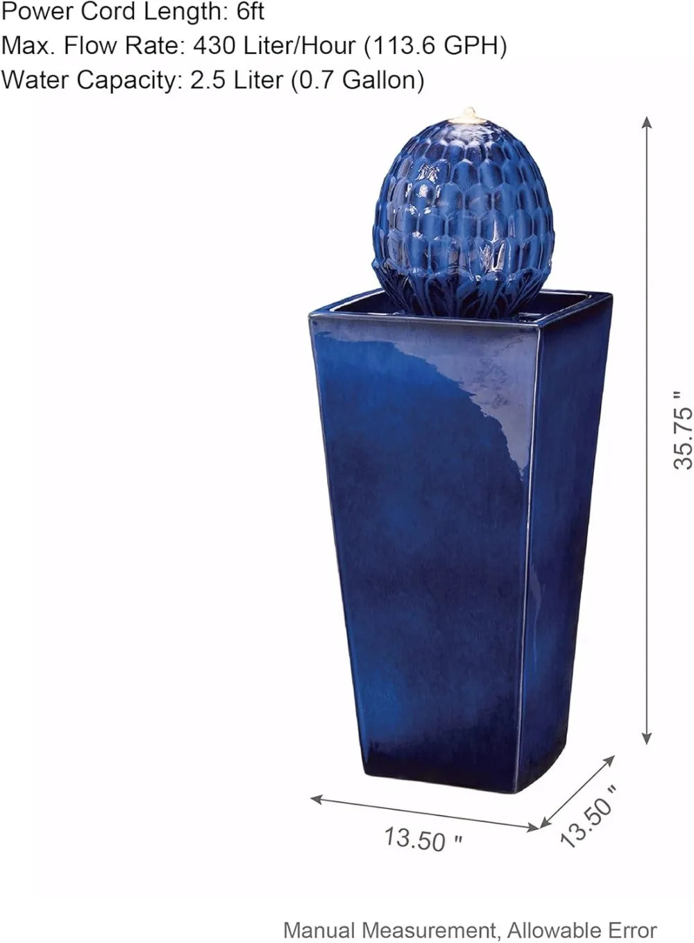 Ceramic Outdoor Water Fountain with LED Light,Patio Fountain Waterfall for Garden Patio Deck Porch, Cobalt Blue, 35.75" H