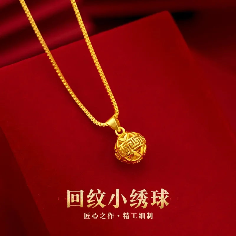 Pure Gold Color Pattern Small Embroidered Ball Pendant Necklaces for Women Gold Color Trendy Necklaces Chain Fine Jewelry Gifts