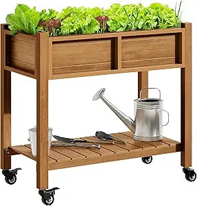 DWVO Raised Garden Bed, Outdoor Planter Box, Small Flower Box with Double-Layer, 4 Swivel Casters and Built-in Drain Holes, Idea