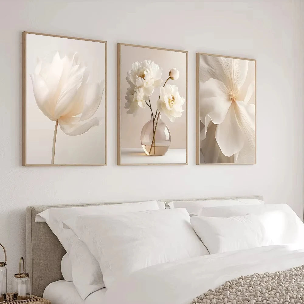 Scandinavian Beige Peony Flower Art Poster Modern Flower Botanical Wall Decor Beautiful Art Canvas Print Home Bedroom Decor