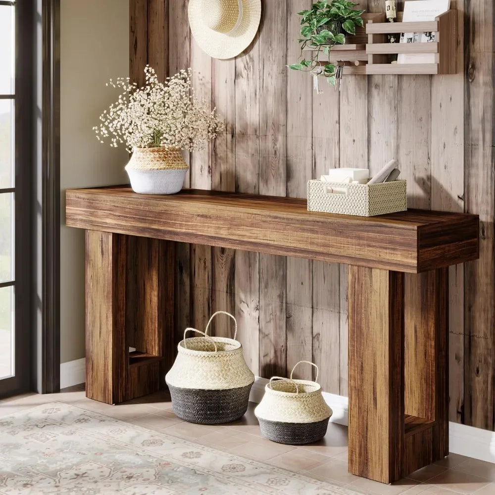 Farmhouse Console Table 63 Inch Long Narrow Sofa Table Behind The Couch Wooden Rectangular Entryway Table for Entrance