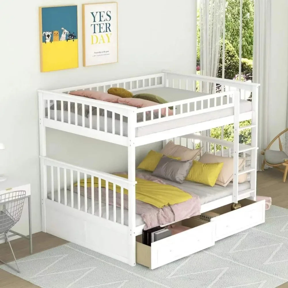 Full Over Full Wood Bunk Bed with Two Storage Drawers and Ladder, Storage Bunk Bed Can Be Divided Into Two Full Size Daybeds