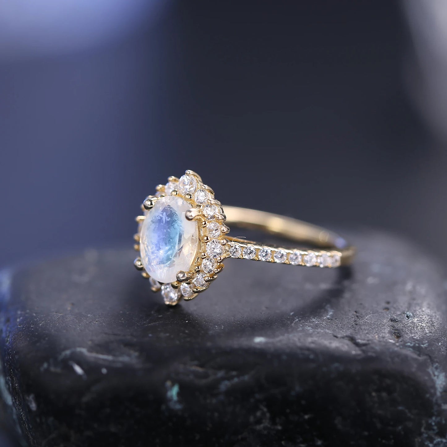 GEM'S BALLET Moonstone Sterling Silver Halo Engagement Ring