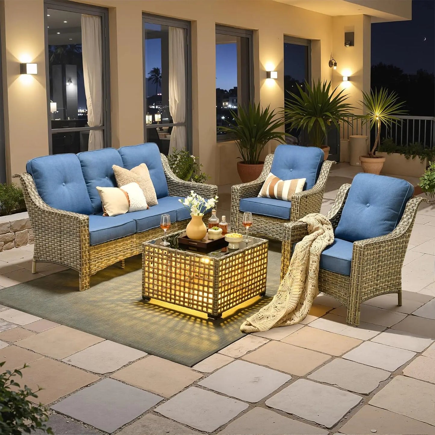 MKDK Outdoor Premium Rattan Patio Set With Solar Lighting