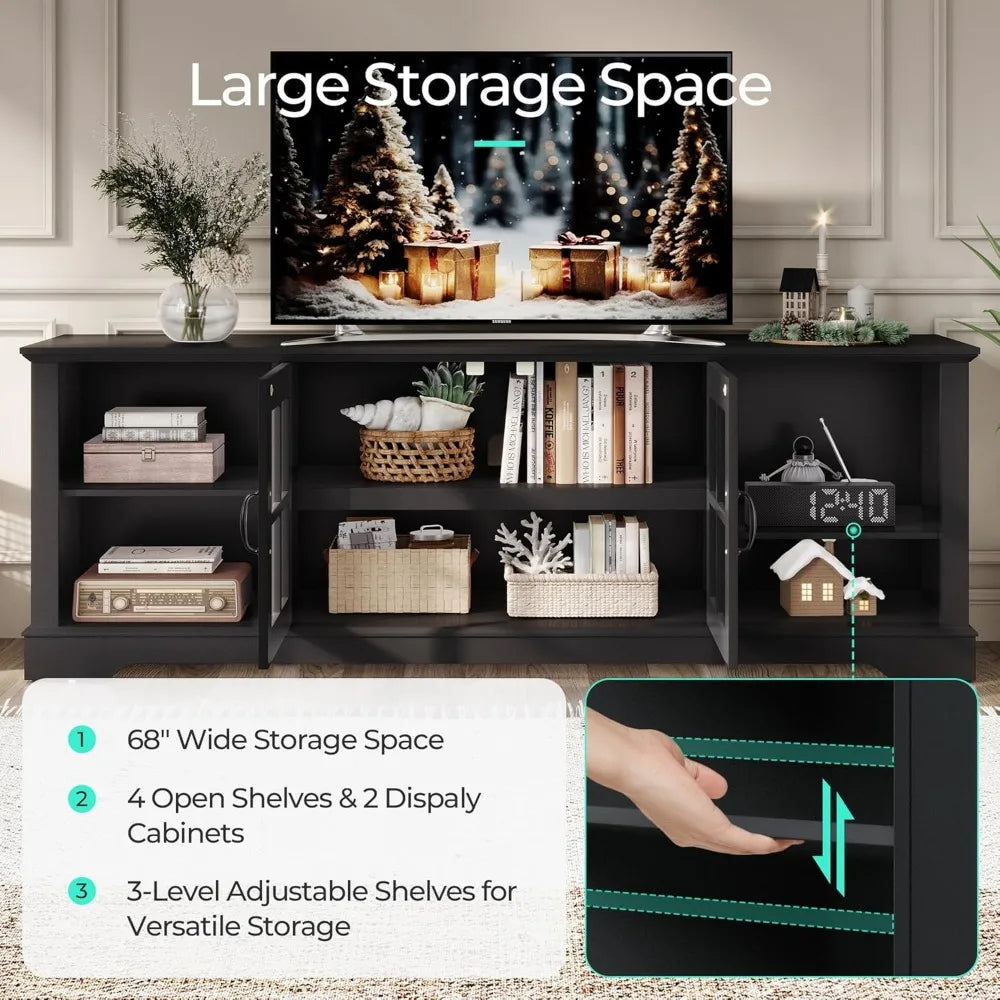RBXC Modern Farmhouse TV Stand With LED Lights Glass Doors