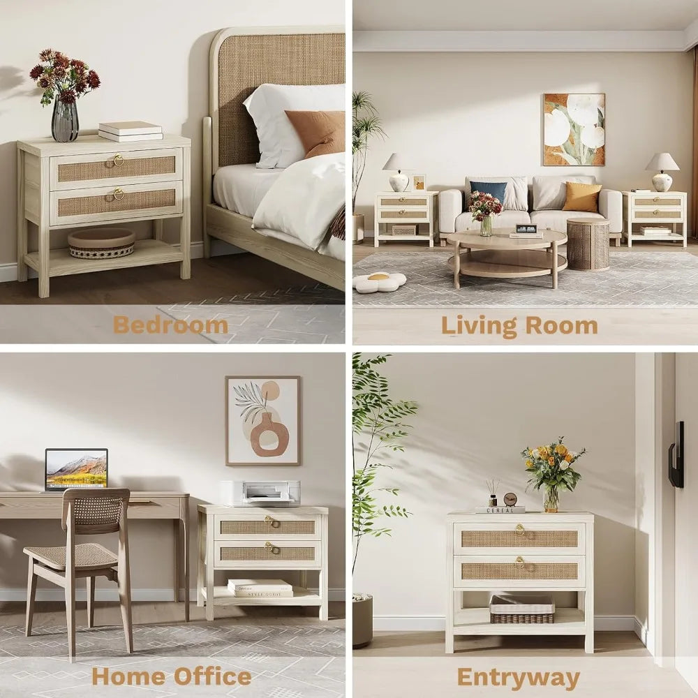 Ticify Boho Rattan Nightstand Set Of 2 With Drawers