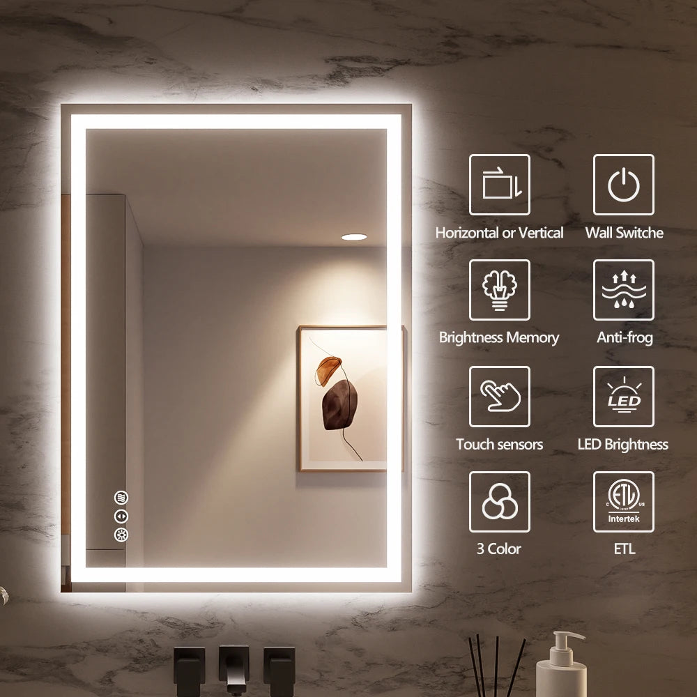 24"x32" LED Bathroom Mirror with Lights Front and Backlit, Lighted Vanity Mirror for Bathroom Wall with 3 Colors Dimmable