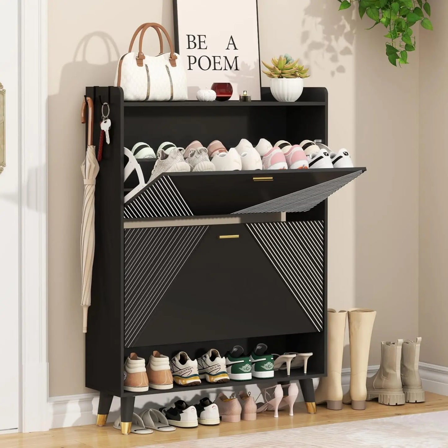 Shoe Cabinet for 24 Pairs, Fits Size 13, Slim Freestanding Shoe Rack Organizer with 2 Flip Drawers & Coat Hooks