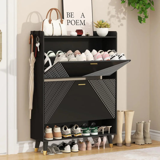 Shoe Cabinet for 24 Pairs, Fits Size 13, Slim Freestanding Shoe Rack Organizer with 2 Flip Drawers & Coat Hooks
