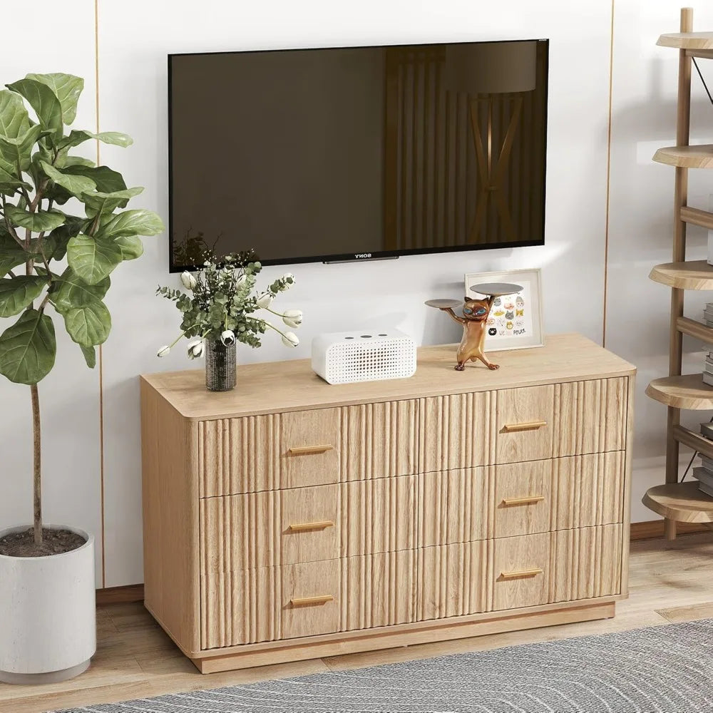 Ticify Fluted Double Dresser With Six Drawers Modern Chest