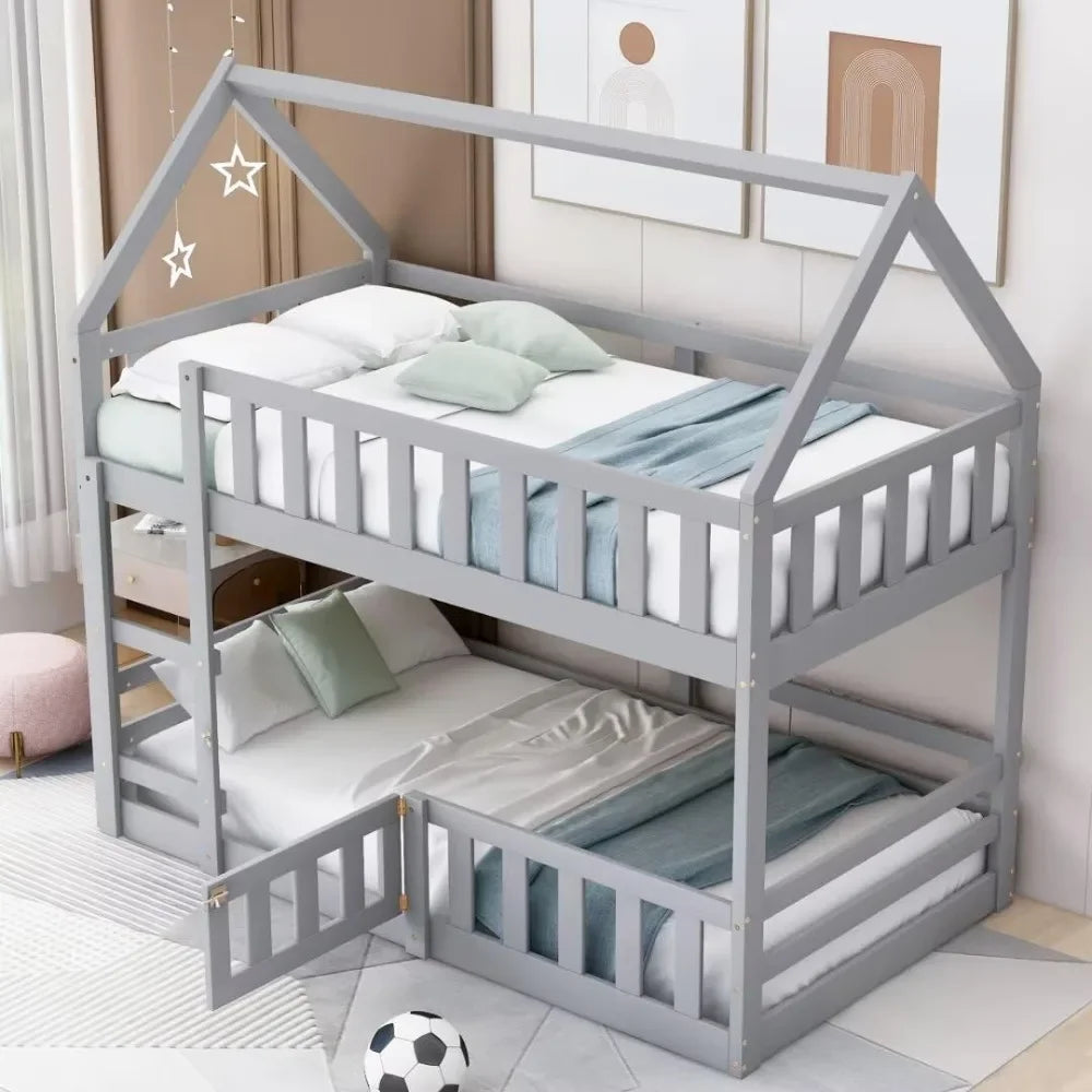 Modern Floor Low Bunk Bed with Fence and Door, Solid Wood Bunks Beds with Guardrails and Ladder, Twin Over Twin House Bunk Bed