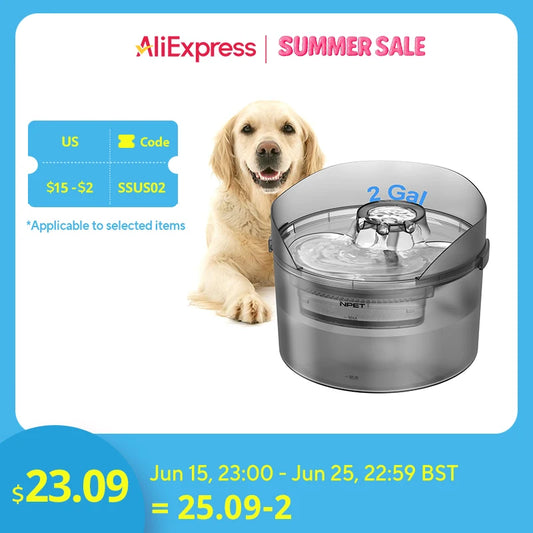 NPET Dog Water Fountain, 2 Gallon/270oz/8L Large Automatic Dog Water Dispenser with Splatter Guard for Large Dogs Multiple Pets