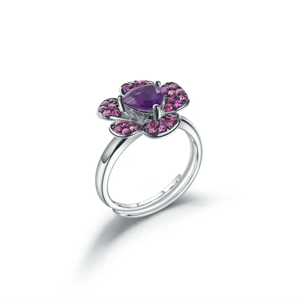 GEM'S BALLET Garnet Flower Ring Sterling Silver For Women