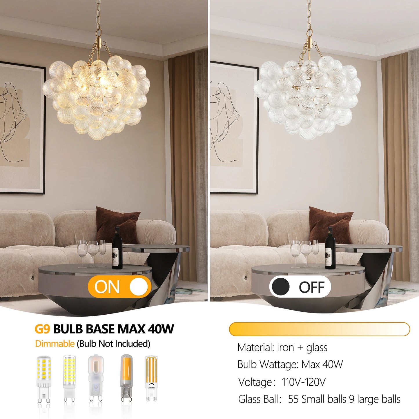 20-Inch Gold Pendant Light Chandelier with Threaded Clear Glass Globe Shade  Adjustable Height (No Bulbs)