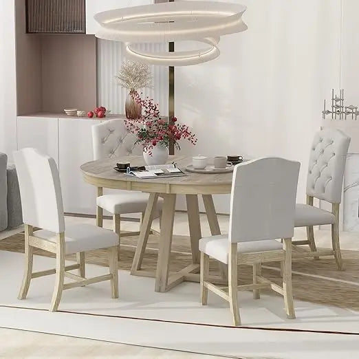 RBXC Round Extendable Dining Table Set With Chairs Wood