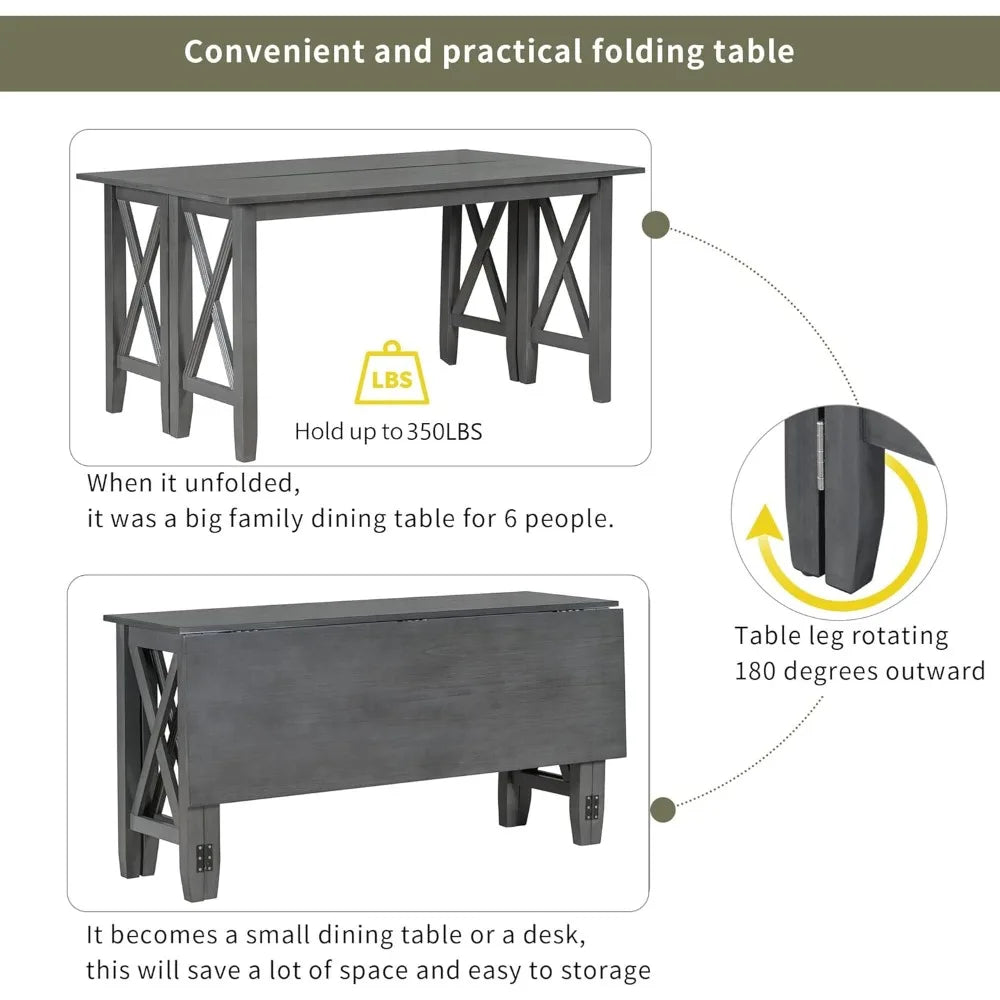 MKDK Rustic Farmhouse Dining Table Set With Foldable Chairs