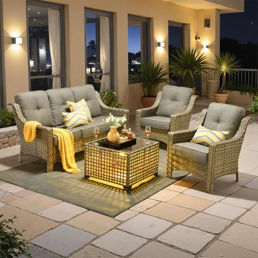 MKDK Outdoor Premium Rattan Patio Set With Solar Lighting