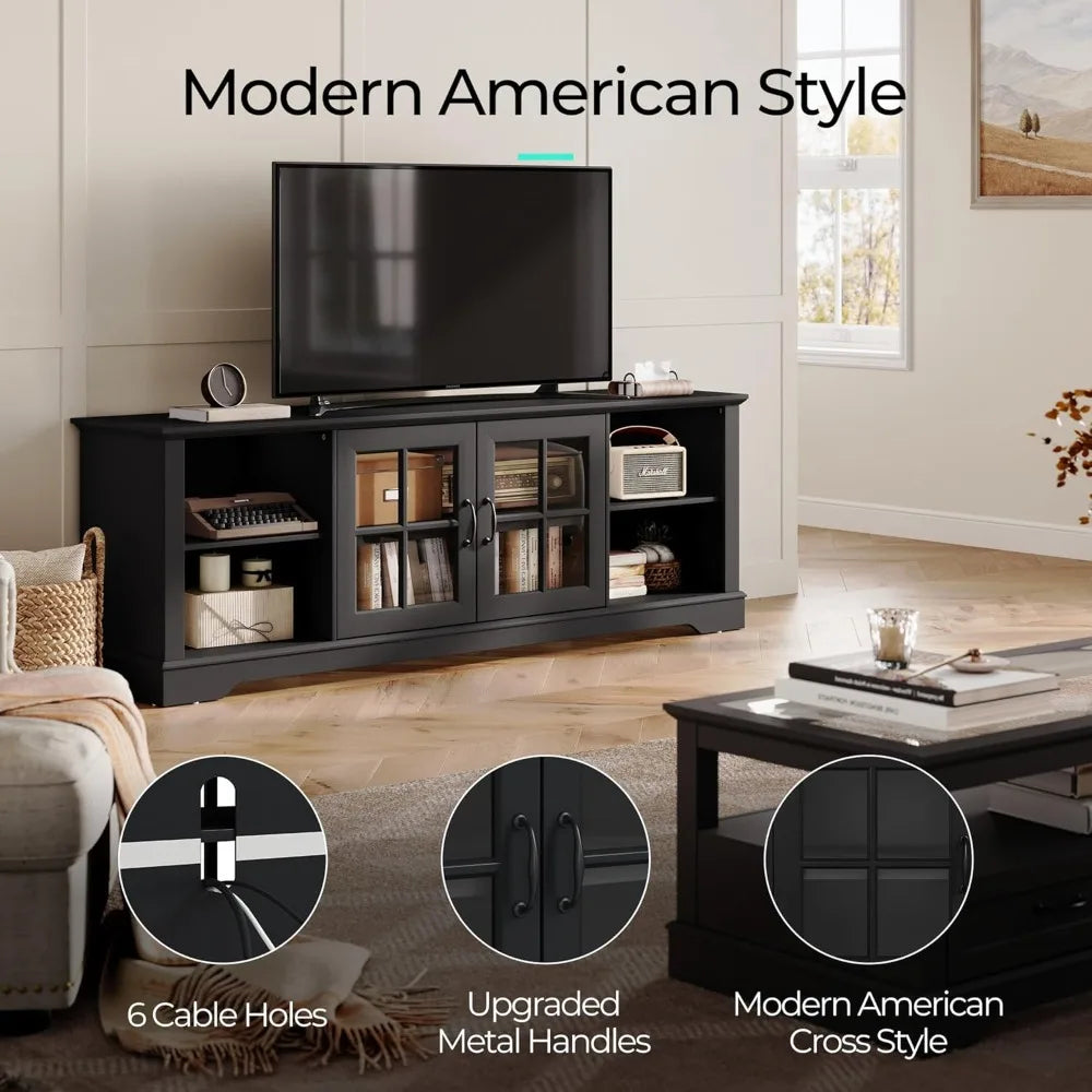 RBXC Modern Farmhouse TV Stand With LED Lights Glass Doors