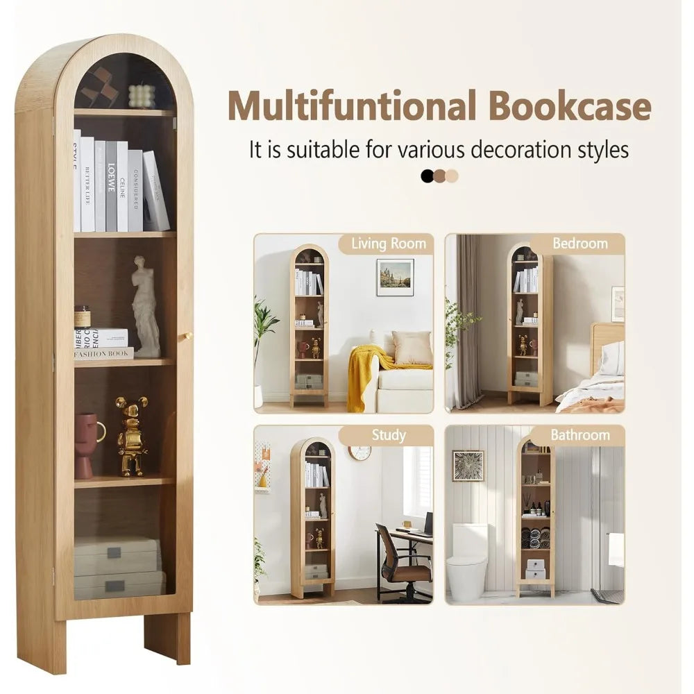 MKDK Bookcase 5 Tier With Adjustable Shelves Glass Door